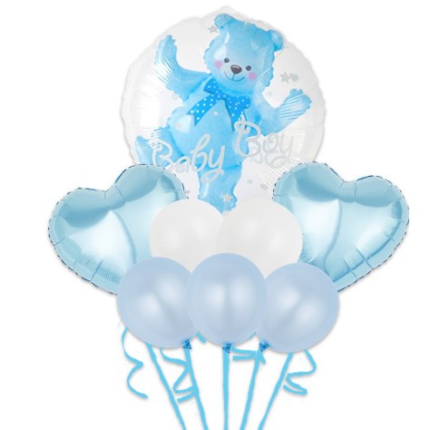 Set Baloane Aniversare, Vivimall, set din 8 bucati, 1 bucata urs, 2 inimi folie, 5 simple din latex Baby Boy, 60 cm Albastru - vivimall.ro