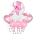 Set baloane aniversare fetiță Baby Girl, 8 bucăți: urs folie 60 cm, inimi folie și baloane latex roz, vedere de ansamblu