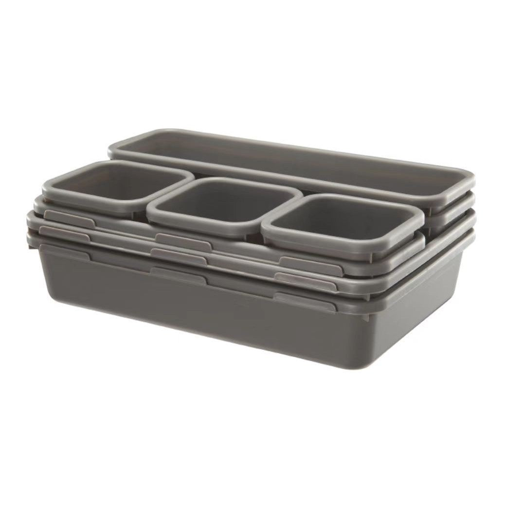 Set 8 cutii depozitare, pentru sertar, cosmetice, ustensile bucatarie, textile, plastic, gri, Vivimall, 23.5 x 16 cm - vivimall.ro