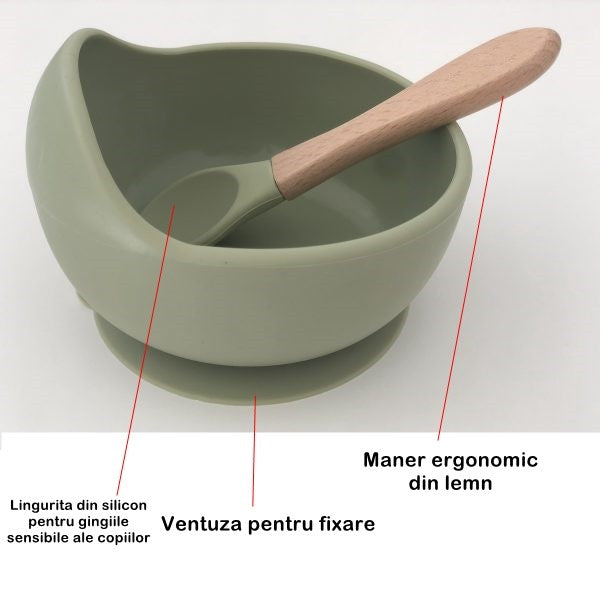 Set 8 piese diversificare bebelusi si copii din silicon Vivimall, baveta, farfurie compartimentata cu ventuza, bol cu ventuza, tacamuri din lemn si silicon, cana pentru gustari, fara alergeni, verde inchis - vivimall.ro