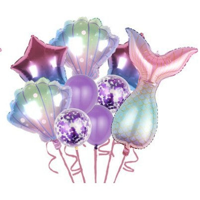Set baloane aniversare pentru fetita, set din 9 baloane, Vivimall, Tematica Sirene, 5 Baloane Folie, 4 baloane latex, cu stele, Mov gradient - vivimall.ro