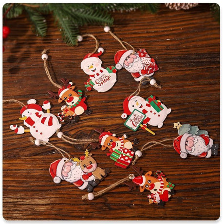 Set 9 Decoratiuni de Craciun din Lemn, Vivimall, cu Snur pentru Agatare in Brad, 3 Modele, Model Mos Craciun cu Brad, Ren si Cadouri, Diferite Dimensiuni, Multicolor - vivimall.ro