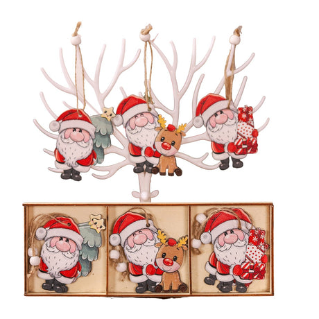 Set 9 Decoratiuni de Craciun din Lemn, Vivimall, cu Snur pentru Agatare in Brad, 3 Modele, Model Mos Craciun cu Brad, Ren si Cadouri, Diferite Dimensiuni, Multicolor - vivimall.ro