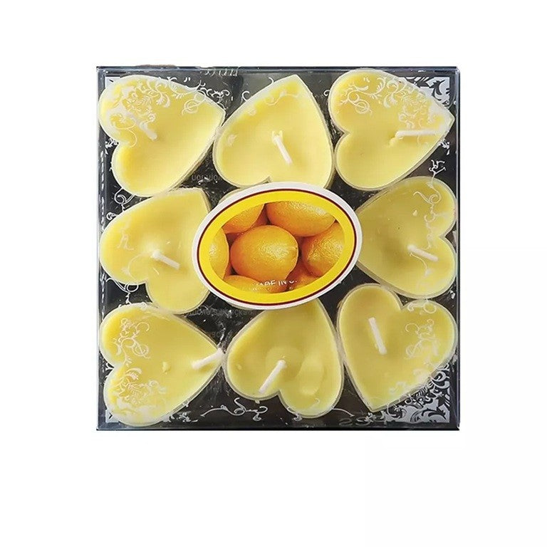 9 db-os szív alakú gyertyakészlet, Valentin-napra, citrusos illat, égési idő 3,5 óra, paraffinból készült