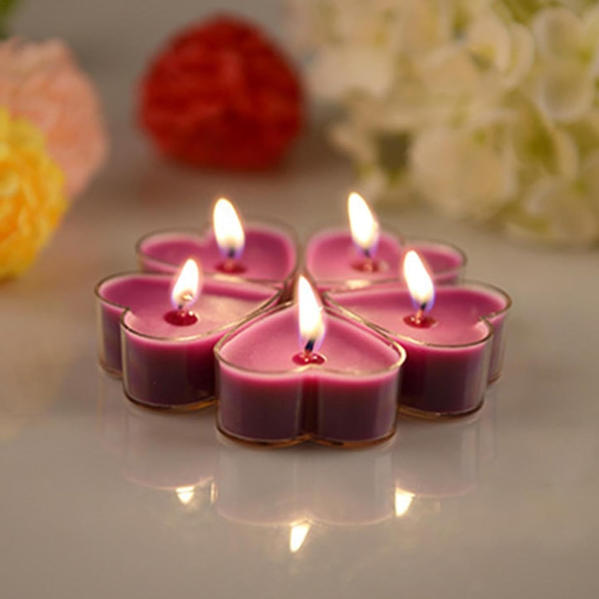 Set 9 Lumanari in Forma de Inima, Vivimall, pentru Ziua Indragostitilor, Aroma de Lavanda, Ardere 3.5 h, din Parafina, 4 x 2 cm, Mov - vivimall.ro