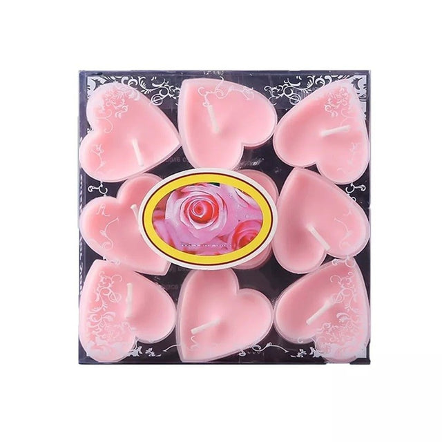 Set 9 Lumanari in Forma de Inima, Vivimall, pentru Ziua Indragostitilor, Aroma de Trandafiri, Ardere 3.5 h, din Parafina, 4 x 2 cm, Roz - vivimall.ro