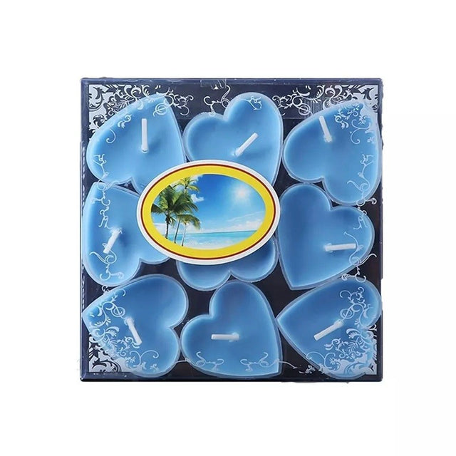 Set 9 Lumanari in Forma de Inima, Vivimall, pentru Ziua Indragostitilor, Aroma Tropicala, Ardere 3.5 h, din Parafina, 4 x 2 cm, Albastru - vivimall.ro