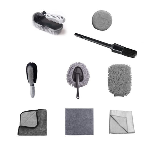 Set 9 Piese pentru Spalat Auto, Vivimall, din Plastic si Microfibra, Perii si Lavete, Model B, Gri - vivimall.ro