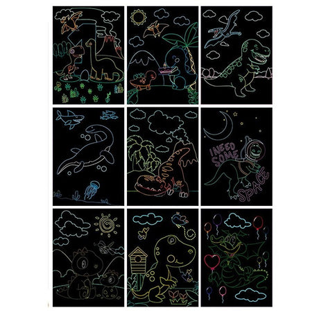 Set 9 Planse Razuibile, Vivimall, Scratch ArtCards, +3 Ani, de Razuit si de Colorat, 19 x 14 cm, Model Dinozauri, Multicolor - vivimall.ro