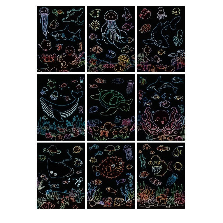 Set 9 Planse Razuibile, Vivimall, Scratch ArtCards, +3 Ani, de Razuit si de Colorat, 19 x 14 cm, Model Ocean, Multicolor - vivimall.ro