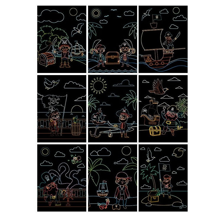 Set 9 Planse Razuibile, Vivimall, Scratch ArtCards, +3 Ani, de Razuit si de Colorat, 19 x 14 cm, Model Pirati, Multicolor - vivimall.ro
