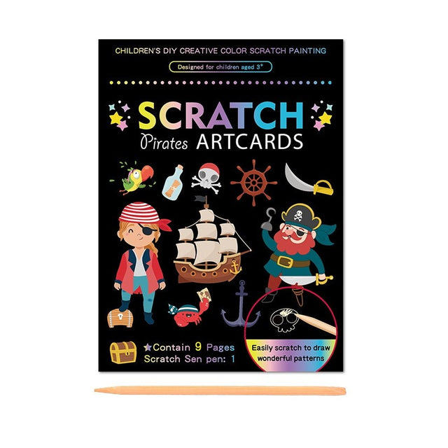 Set 9 Planse Razuibile, Vivimall, Scratch ArtCards, +3 Ani, de Razuit si de Colorat, 19 x 14 cm, Model Pirati, Multicolor - vivimall.ro
