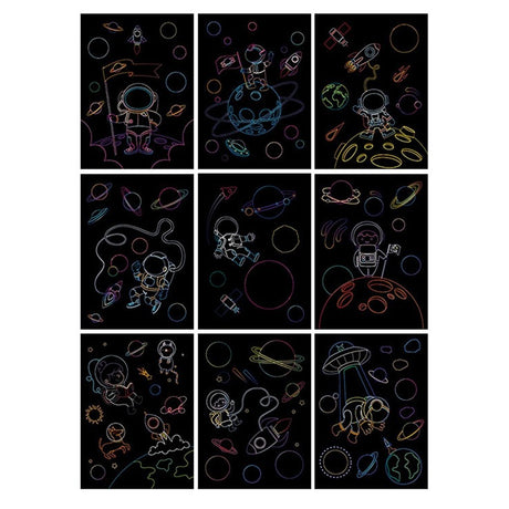 Set 9 Planse Razuibile, Vivimall, Scratch ArtCards, +3 Ani, de Razuit si de Colorat, 19 x 14 cm, Model Spatiu Cosmic, Multicolor - vivimall.ro