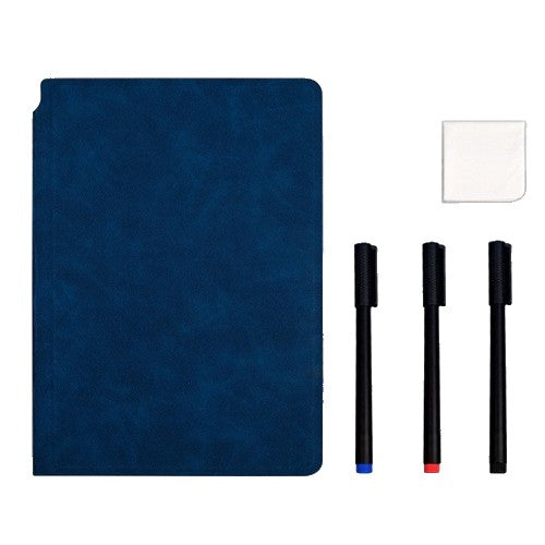 Set Agenda A5 Reutilizabila cu Pagini Tip Tabla, Agenda Pagini Albe cu Stergere Uscata, 3 Markere, 1 Burete și 1 Laveta de sters, Portabila, 24 x 16.5 cm, Coperta Piele, Albastru - vivimall.ro