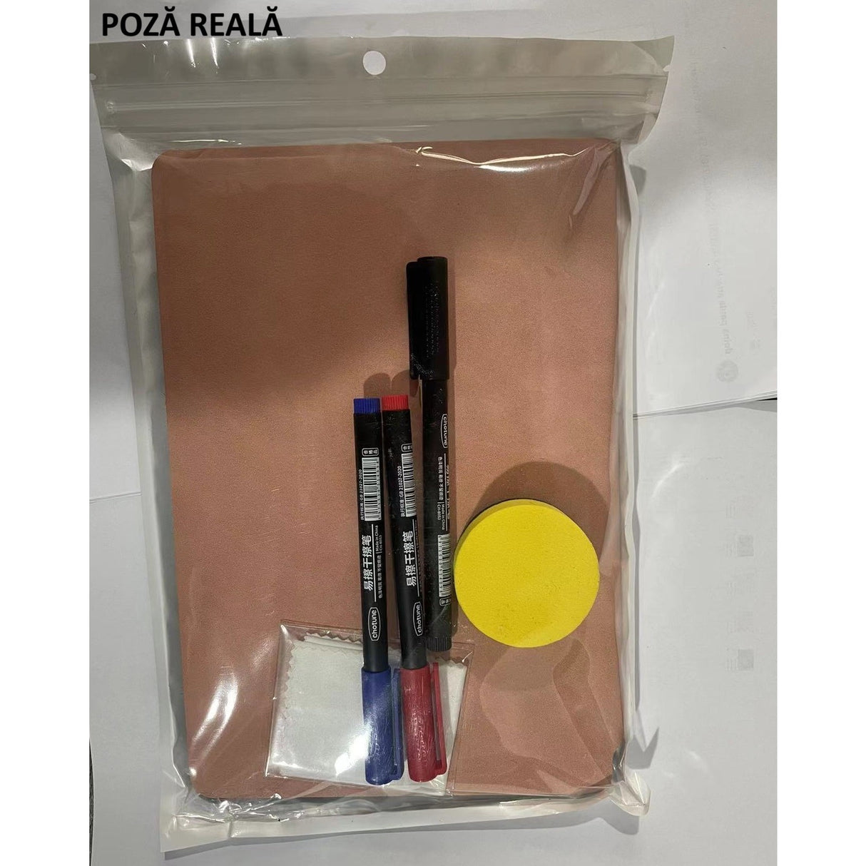 Set Agenda A5 Reutilizabila cu Pagini Tip Tabla, Agenda Pagini Albe cu Stergere Uscata, 3 Markere, 1 Burete și 1 Laveta de sters, Portabila, 24 x 16.5 cm, Coperta Piele, Roz Pal - vivimall.ro