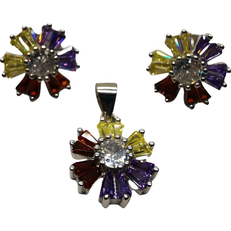 Set Argint 925 Flori Multicolore cu Mijloc Alb Model 1 - vivimall.ro