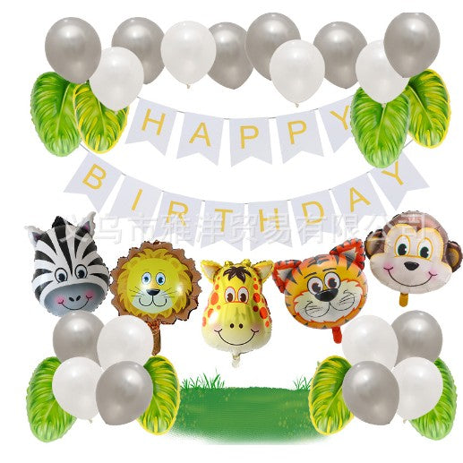 Set baloane aniversare 32 de piese, Vivimall, 1 banner HAPPY BIRTHDAY, 5 baloane folie, Figurine Animale, 8 baloane frunza, 18 baloane latex, Gri Alb Multicolor - vivimall.ro