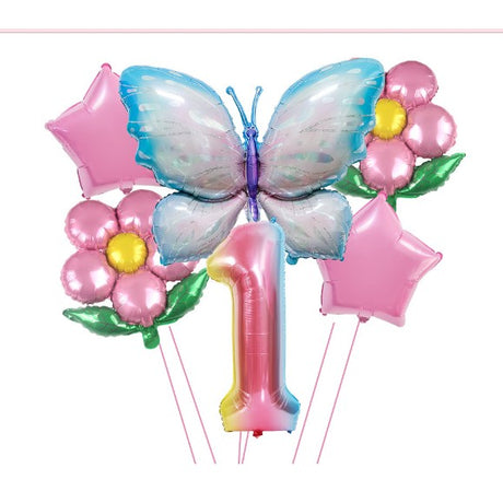 Set baloane aniversare cu numere, din folie de aluminiu, 6 piese, 2 flori, 2 stelute, 1 fluture, 1 cifra, Multicolor, Cifra 1 - vivimall.ro