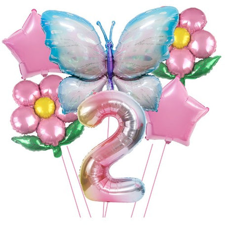 Set baloane aniversare cu numere, din folie de aluminiu, 6 piese, 2 flori, 2 stelute, 1 fluture, 1 cifra, Multicolor, Cifra 2 - vivimall.ro