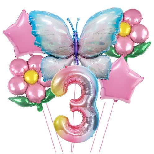 Set baloane aniversare cu numere, din folie de aluminiu, 6 piese, 2 flori, 2 stelute, 1 fluture, 1 cifra, Multicolor, Cifra 3 - vivimall.ro