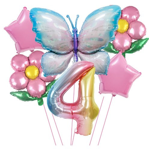 Set baloane aniversare cu numere, din folie de aluminiu, 6 piese, 2 flori, 2 stelute, 1 fluture, 1 cifra, Multicolor, Cifra 4 - vivimall.ro