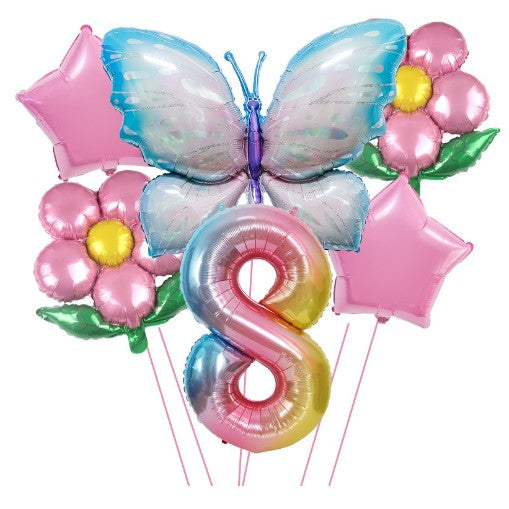 Set baloane aniversare cu numere, din folie de aluminiu, 6 piese, 2 flori, 2 stelute, 1 fluture, 1 cifra, Multicolor, Cifra 8 - vivimall.ro