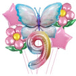 Set baloane aniversare cu numere, din folie de aluminiu, 6 piese, 2 flori, 2 stelute, 1 fluture, 1 cifra, Multicolor, Cifra 9 - vivimall.ro