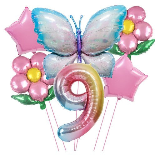Set baloane aniversare cu numere, din folie de aluminiu, 6 piese, 2 flori, 2 stelute, 1 fluture, 1 cifra, Multicolor, Cifra 9 - vivimall.ro