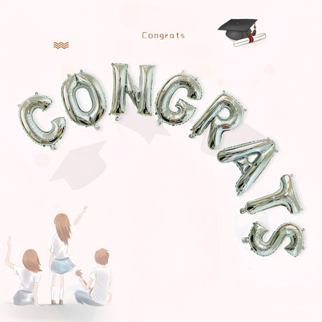 Set Baloane din Folie Metalizată, Vivimall, Model Congrats, Litere de 40 cm, Baloane Absolvire, Ambalaj Individual, Pai inclus, Umflare cu Aer sau Heliu, Argintiu - vivimall.ro