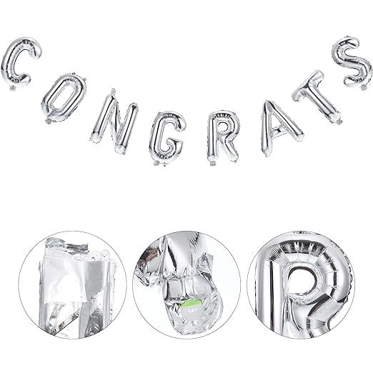 Set Baloane din Folie Metalizată, Vivimall, Model Congrats, Litere de 40 cm, Baloane Absolvire, Ambalaj Individual, Pai inclus, Umflare cu Aer sau Heliu, Argintiu - vivimall.ro
