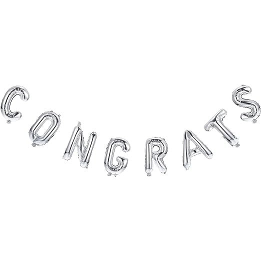 Set Baloane din Folie Metalizată, Vivimall, Model Congrats, Litere de 40 cm, Baloane Absolvire, Ambalaj Individual, Pai inclus, Umflare cu Aer sau Heliu, Argintiu - vivimall.ro