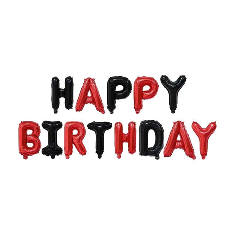Set Baloane din Folie Metalizata, Vivimall, Model Happy Birthday, Litere de 40 cm, Baloane Party, Ambalaj Individual, Pai, Ata si Adeziv Incluse, Umflare cu Aer sau Heliu, Rosu-Negru - vivimall.ro