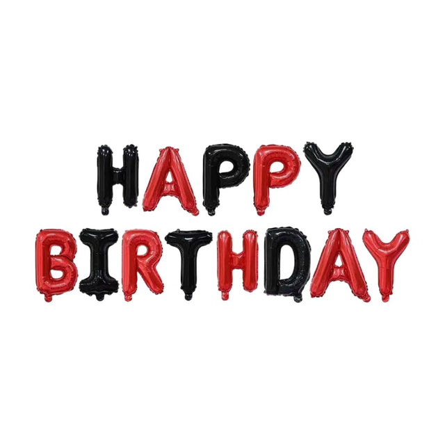 Set Baloane din Folie Metalizata, Vivimall, Model Happy Birthday, Litere de 40 cm, Baloane Party, Ambalaj Individual, Pai, Ata si Adeziv Incluse, Umflare cu Aer sau Heliu, Rosu-Negru - vivimall.ro