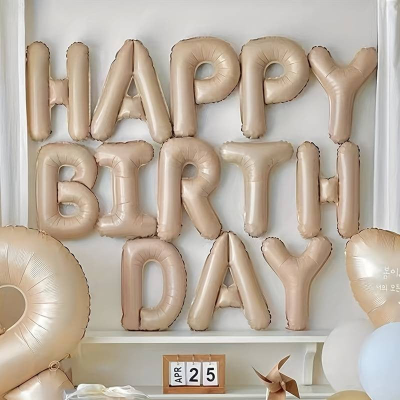 25 db-os metálfólia és latex lufi készlet, 2 csillagfigura, 4 konfetti lufi, 13 betű, 6 latex, boldog születésnapot modell, évfordulós téma, 40 cm, egyenként csomagolva, szívószállal, felfújható levegővel vagy héliummal