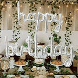 Set Baloane din Folie Metalizată, Vivimall, Model Happy Birthday, 45x85 cm, 45x124cm, Baloane Party, Ambalaj Individual, Pai inclus, Umflare cu Aer sau Heliu, Argintiu - vivimall.ro