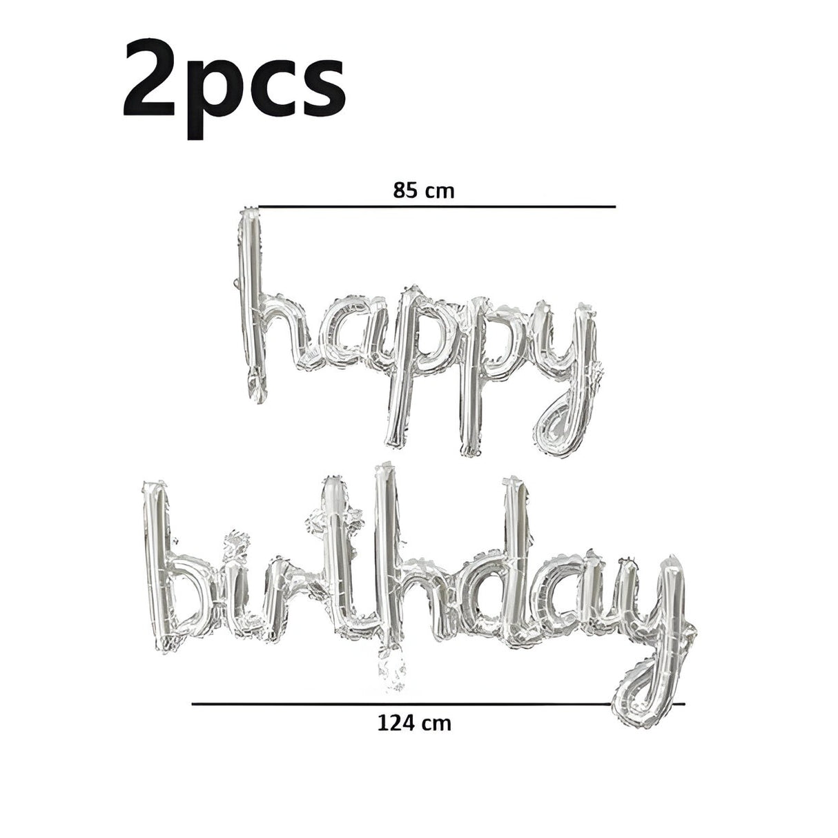 Set Baloane din Folie Metalizată, Vivimall, Model Happy Birthday, 45x85 cm, 45x124cm, Baloane Party, Ambalaj Individual, Pai inclus, Umflare cu Aer sau Heliu, Argintiu - vivimall.ro