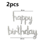 Set Baloane din Folie Metalizată, Vivimall, Model Happy Birthday, 45x85 cm, 45x124cm, Baloane Party, Ambalaj Individual, Pai inclus, Umflare cu Aer sau Heliu, Argintiu - vivimall.ro