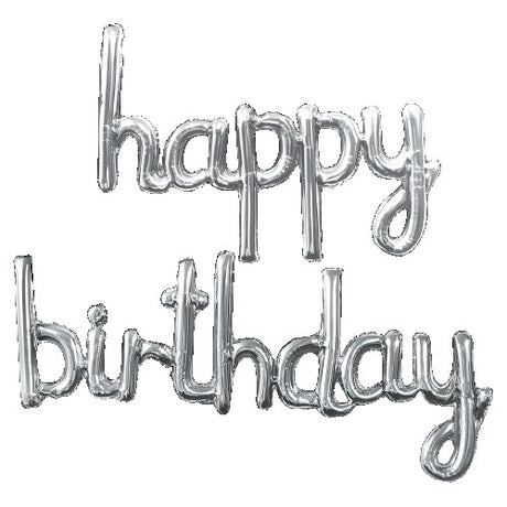 Set Baloane din Folie Metalizată, Vivimall, Model Happy Birthday, 45x85 cm, 45x124cm, Baloane Party, Ambalaj Individual, Pai inclus, Umflare cu Aer sau Heliu, Argintiu - vivimall.ro