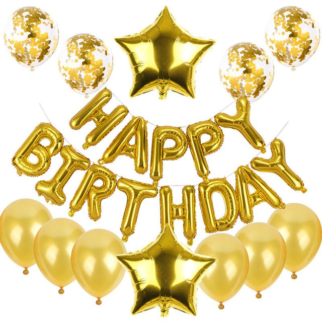 Set baloane din folie metalizata si baloane din latex, baloane HAPPY BIRTHDAY, 4 baloane latex Confetti, 6 baloane latex Roz, 2 baloane folie Steluta, 40cm, Gold - vivimall.ro