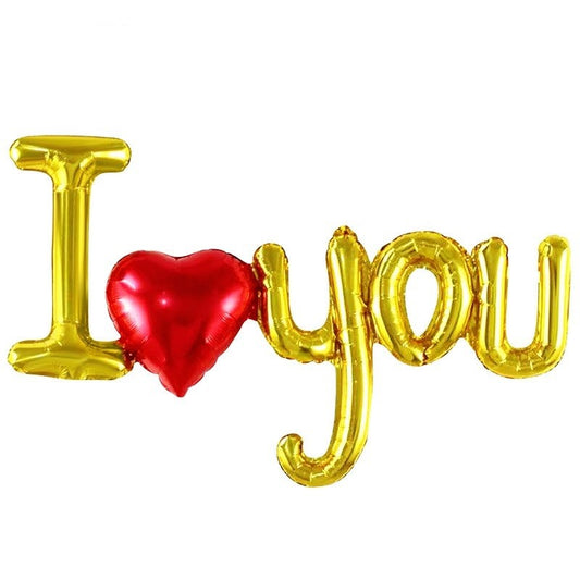 Set Baloane Folie Metalizata, Vivimall, Model I LOVE YOU cu Inimioara, 54x97 cm, Tematica Ziua Îndrăgostiților, Ambalaj Individual, Pai Inclus, Umflare cu Aer sau Heliu, Auriu - vivimall.ro