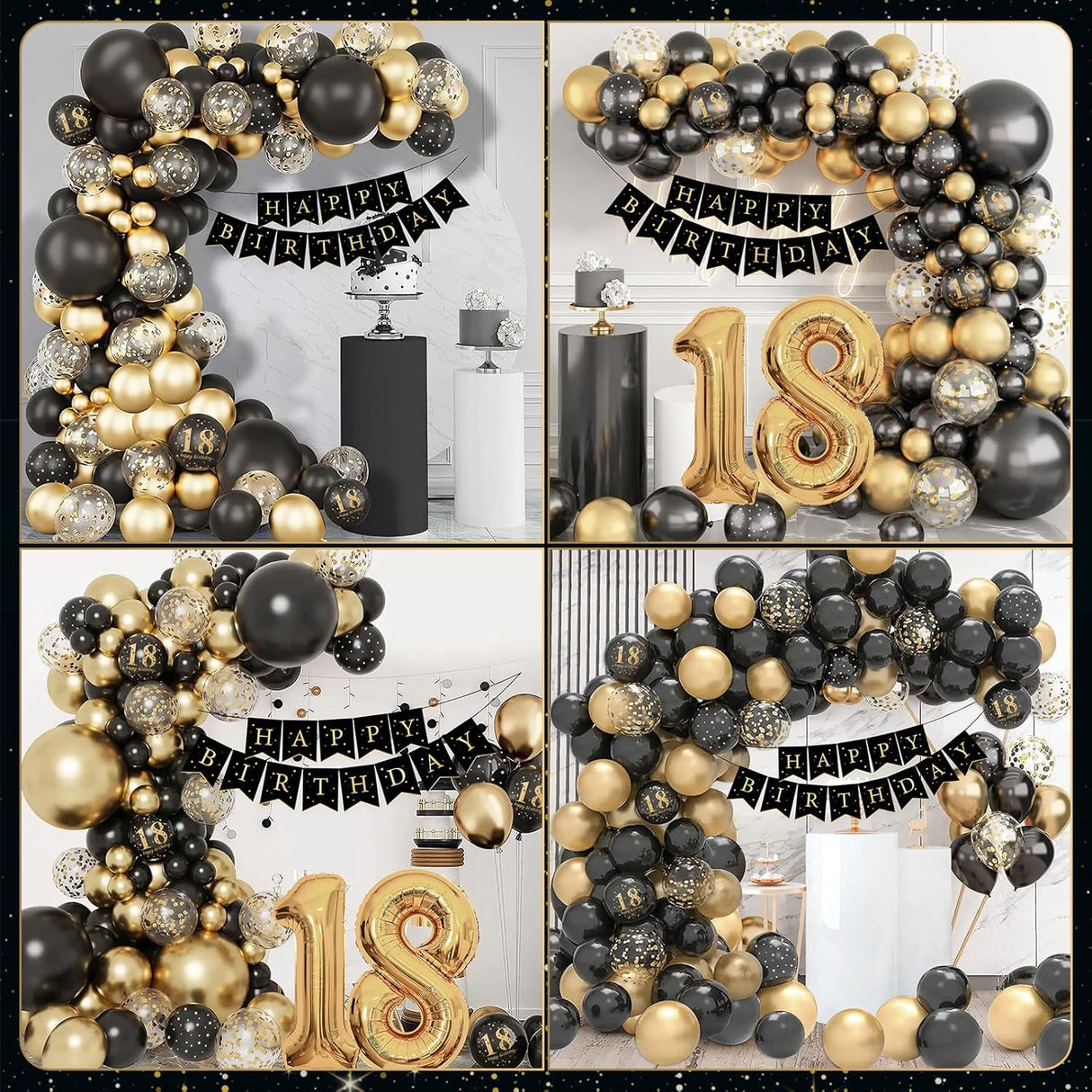 Set Baloane Folie si Latex, Vivimall, Tematica Aniversare Majorat, Baloane Latex, Figurine Cifrele 1 si 8, Ambalaj Individual, Pai Inclus, Umflare cu Aer sau Heliu, Auriu Negru - vivimall.ro