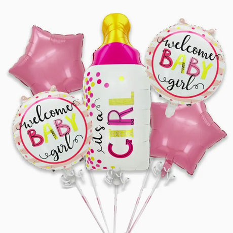Baloane decorative GENDER REVEAL PARTY, Vivimall, Figurina Sticla, Model IT'S A GIRL, Set din 5 baloane, 40 x 77 cm, pentru Botez, Roz - vivimall.ro