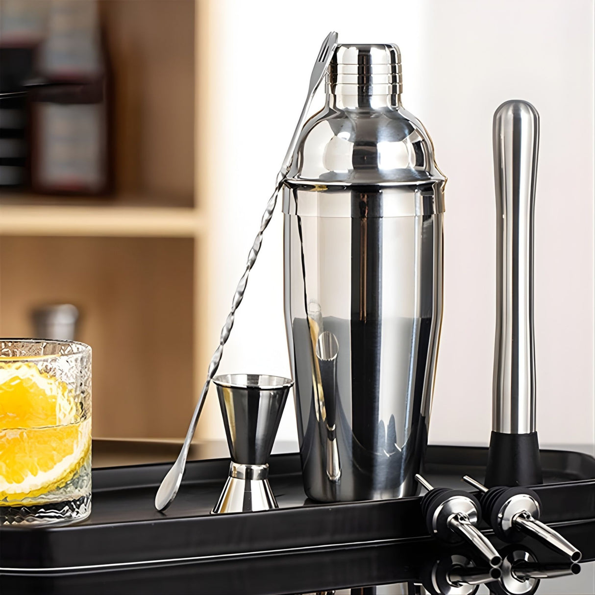 Set Barman Preparare Cocktail,Flippy, 6 Piese, Inox, Argintiu, Kit Accesorii Bar si Mixologie: Shaker750ml, Masura dubla, Pistil, Lingura barman, 2 Picuratoare - vivimall.ro