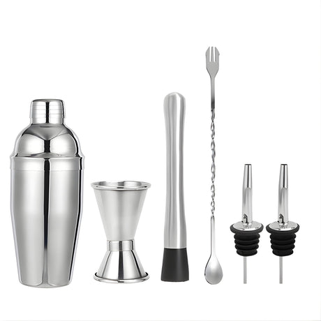 Set Barman Preparare Cocktail,Flippy, 6 Piese, Inox, Argintiu, Kit Accesorii Bar si Mixologie: Shaker750ml, Masura dubla, Pistil, Lingura barman, 2 Picuratoare - vivimall.ro