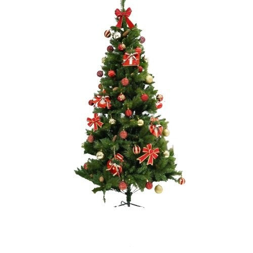 Set brad artificial de Craciun si elemente decorative, Decorat cu conuri de pin, pentru interior/exterior, inaltime 210 cm, diametru 114 cm, 1057 ramuri, Flippy, verde, suport metalic inclus - vivimall.ro