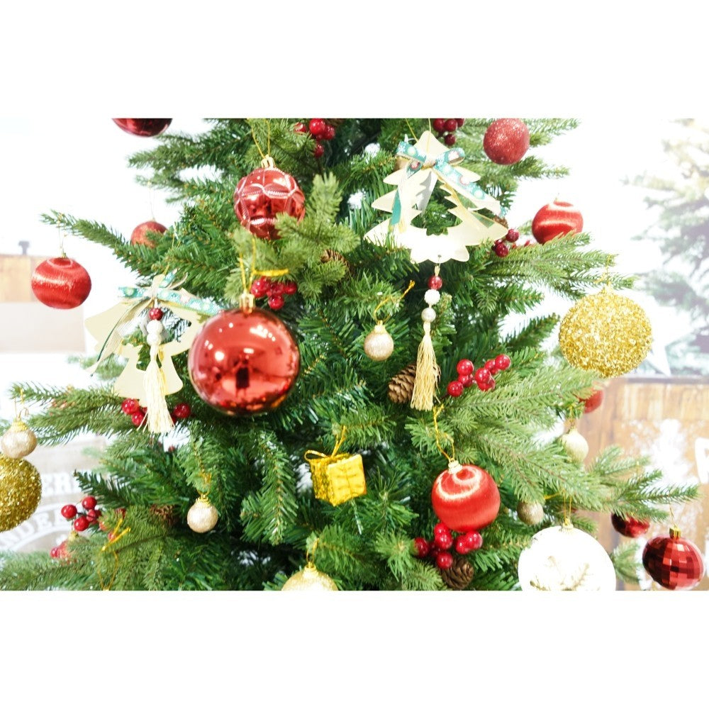 Set brad artificial de Craciun si elemente decorative, decorat cu conuri pin rosii, inaltime 210 cm, diametru 137 cm, 1172 ramuri, Flippy, verde, suport metalic inclus - vivimall.ro