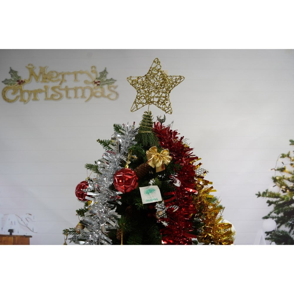 Set brad artificial de Craciun si elemente decorative, decorat cu conuri pin rosii, inaltime 210 cm, diametru 137 cm, 1172 ramuri, Flippy, verde, suport metalic inclus - vivimall.ro