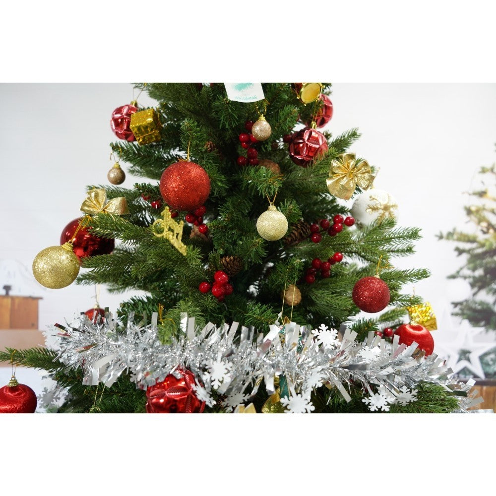 Set brad artificial de Craciun si elemente decorative, decorat cu conuri pin rosii, inaltime 210 cm, diametru 137 cm, 1172 ramuri, Flippy, verde, suport metalic inclus - vivimall.ro