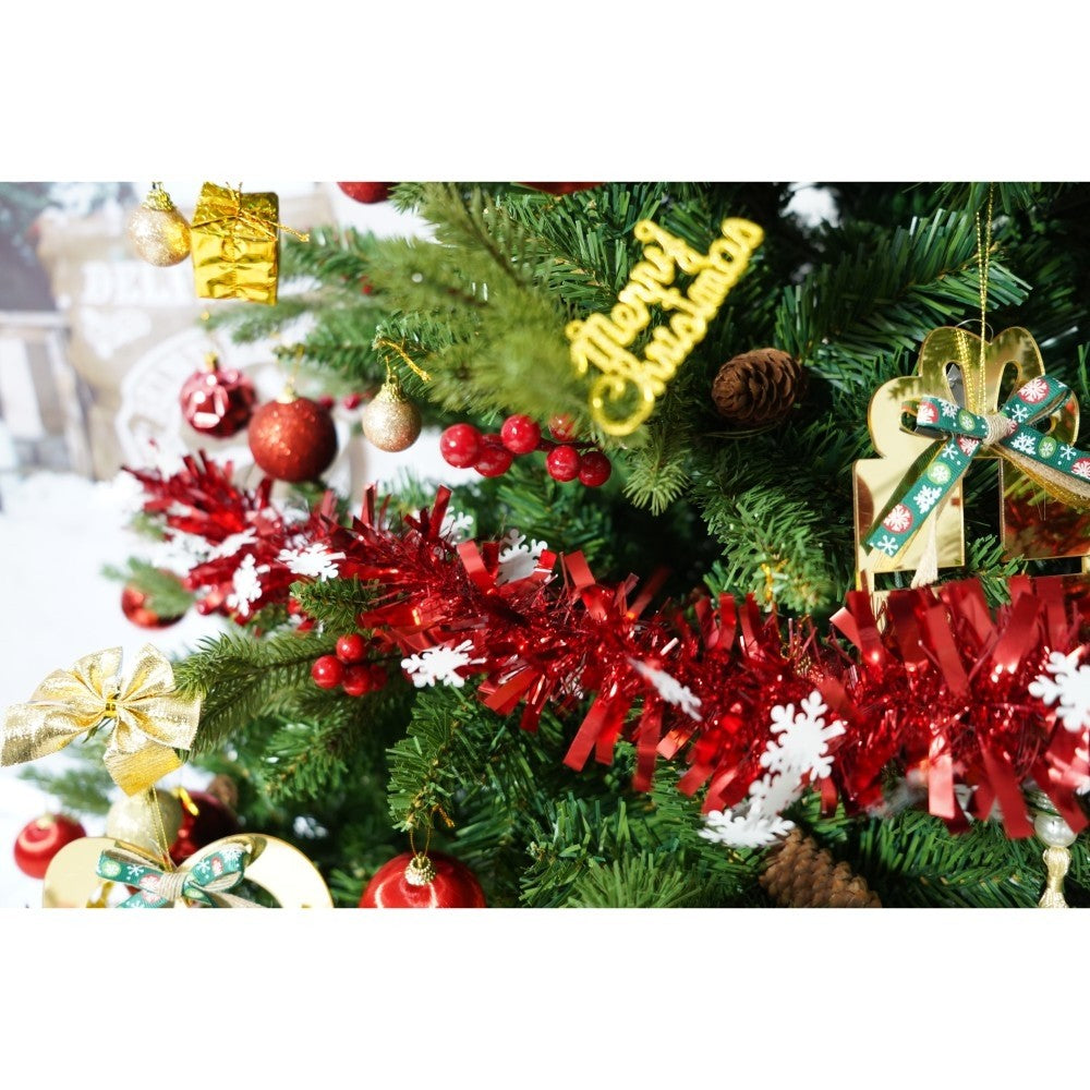 Set brad artificial de Craciun si elemente decorative, decorat cu conuri pin rosii, inaltime 210 cm, diametru 137 cm, 1172 ramuri, Flippy, verde, suport metalic inclus - vivimall.ro