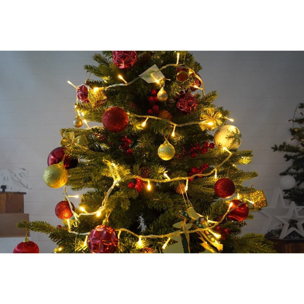 Set brad artificial de Craciun si elemente decorative, decorat cu conuri pin rosii, inaltime 210 cm, diametru 137 cm, 1172 ramuri, Flippy, verde, suport metalic inclus - vivimall.ro